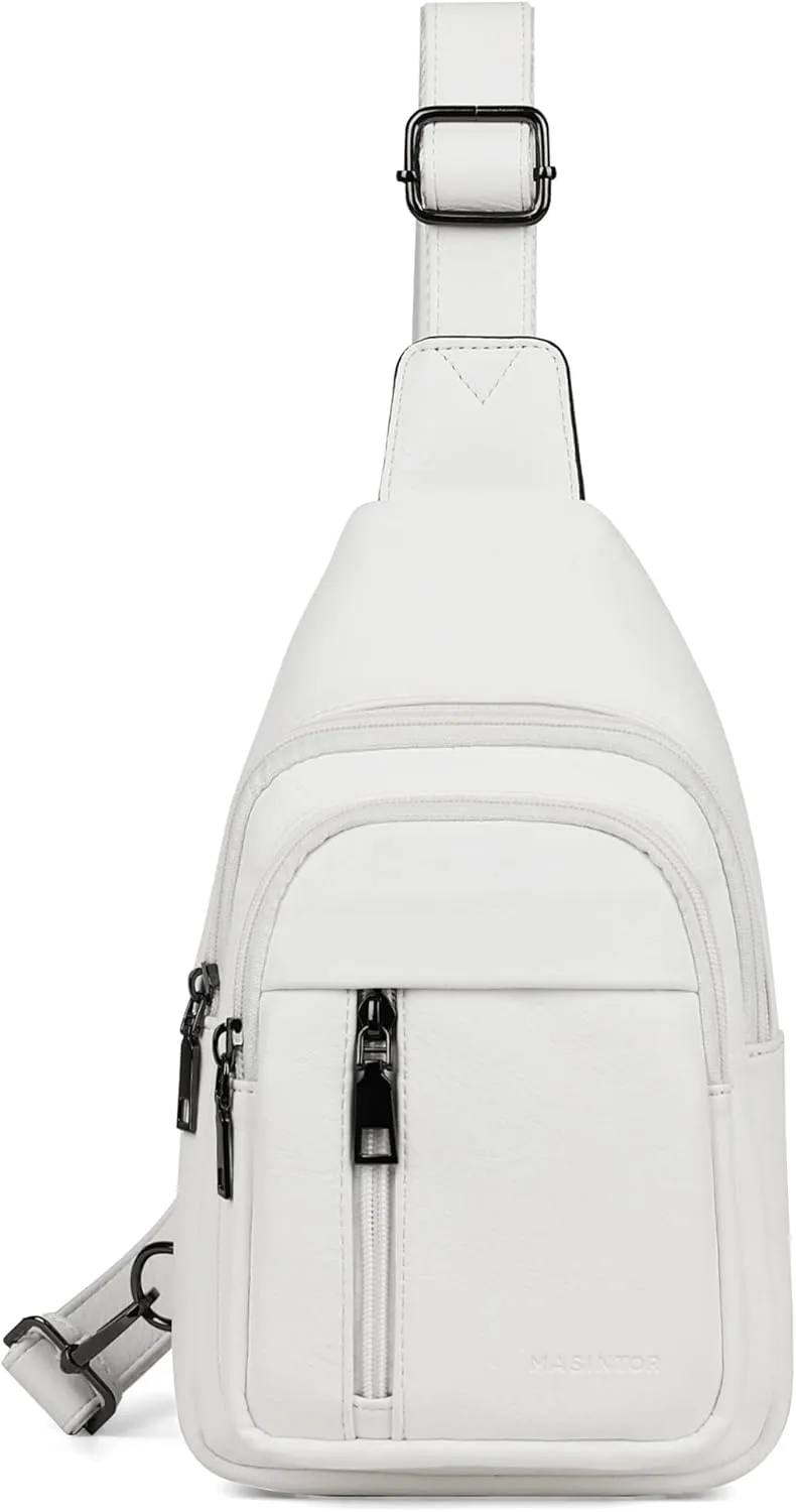 MASINTOR Sling Bag for Women - Crossbody Bags Fanny Pack with Vegan Leather - Adjustable Sling Backack for Travel Pure White