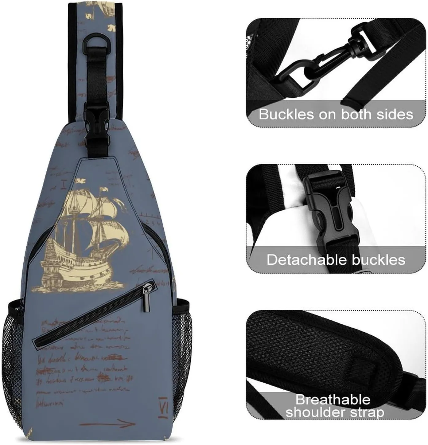 Medieval-nautical-record Crossbody Backpack For Men Women, Chest Bag Shoulder Bag, Travel Daypack Sling Backpack