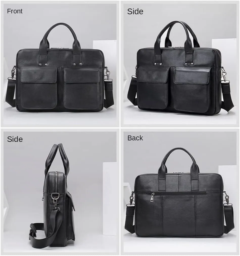 Men Genuine Leather Briefcase, Convertible 15.6 Inch Laptop Messenger Bag, Multifunctional Business Handbag (Black)