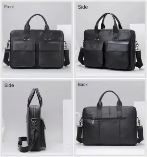 Men Genuine Leather Briefcase, Convertible 15.6 Inch Laptop Messenger Bag, Multifunctional Business Handbag (Black)