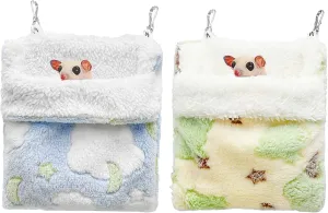 Meow&Woof Sugar Glider Bed Pouch, Small Animal Carrier Bag, 2PC Ferret Bedding Hammock, Hamster Cage Accessories for Rat, Squirrel and Chinchilla-Blue&Green