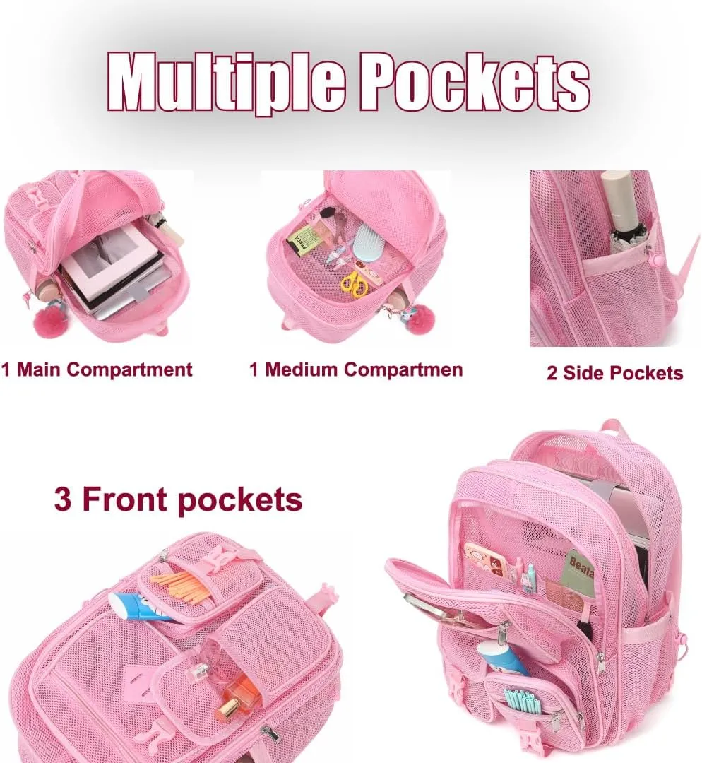Mesh Backpack for Girls Boys, Heavy Duty Semi-Transparent Mesh Bookbag Womens Mens Mesh Backpacks for School, Sports, Beach, Swimming, Travel Pink