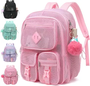 Mesh Backpack for Girls Boys, Heavy Duty Semi-Transparent Mesh Bookbag Womens Mens Mesh Backpacks for School, Sports, Beach, Swimming, Travel Pink