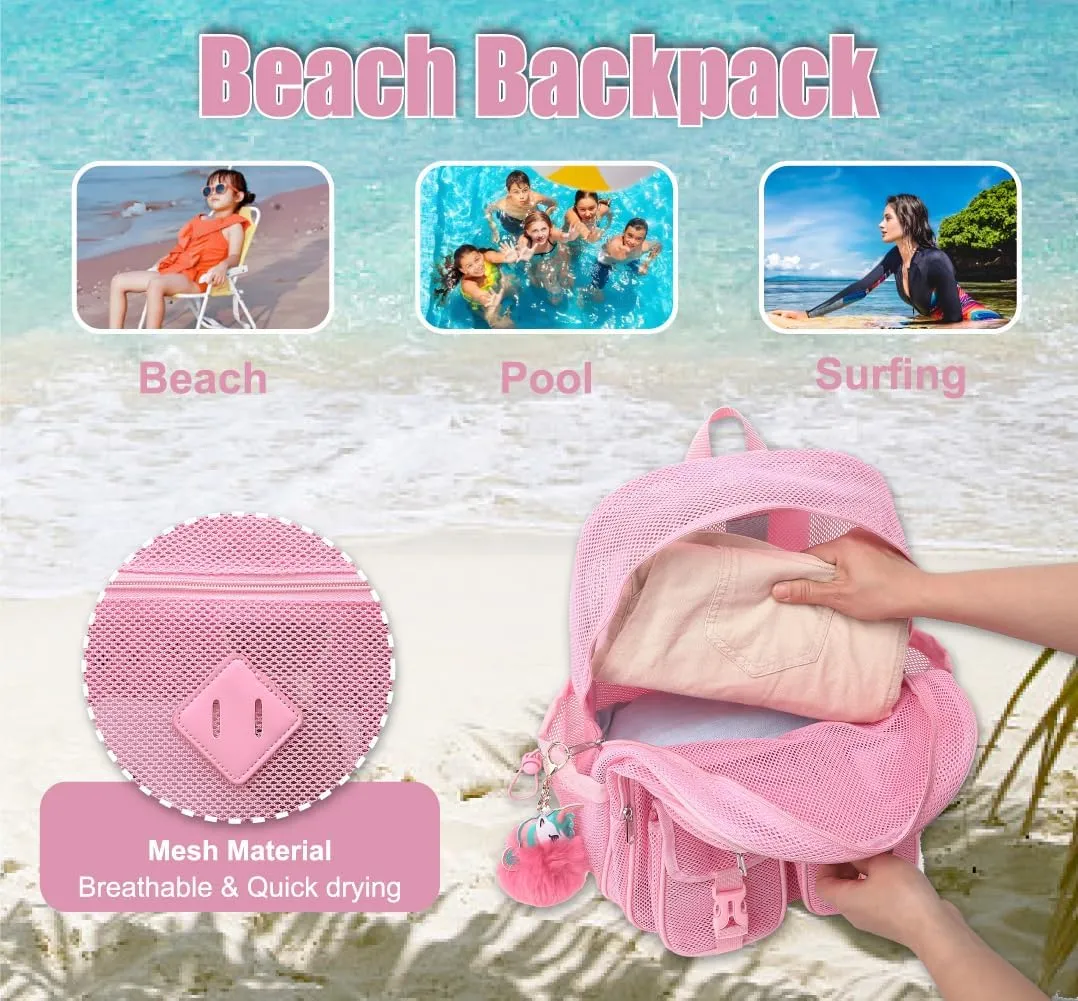 Mesh Backpack for Girls Boys, Heavy Duty Semi-Transparent Mesh Bookbag Womens Mens Mesh Backpacks for School, Sports, Beach, Swimming, Travel Pink