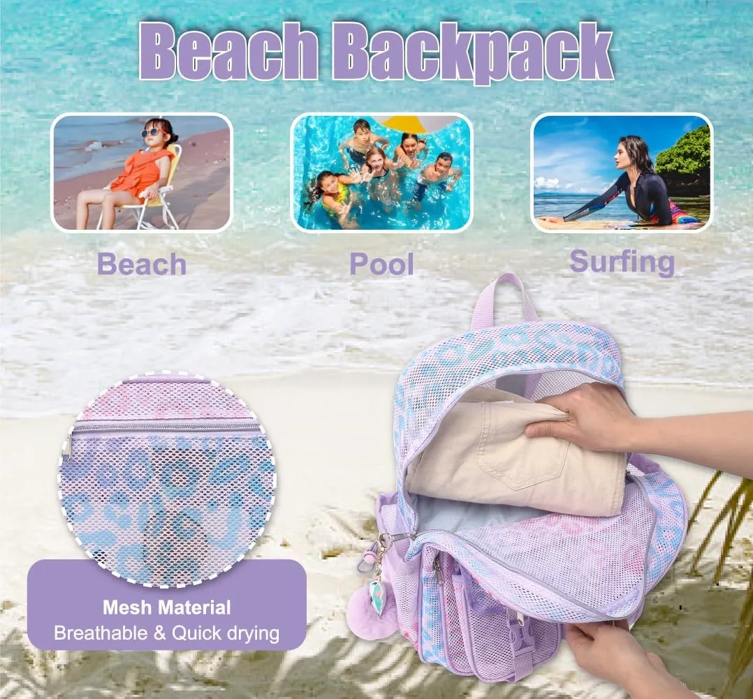 Mesh Backpack for Girls Boys, Heavy Duty Semi-Transparent Mesh Bookbag Womens Mens Mesh Backpacks for School, Sports, Beach, Swimming, Travel Purple Leopard