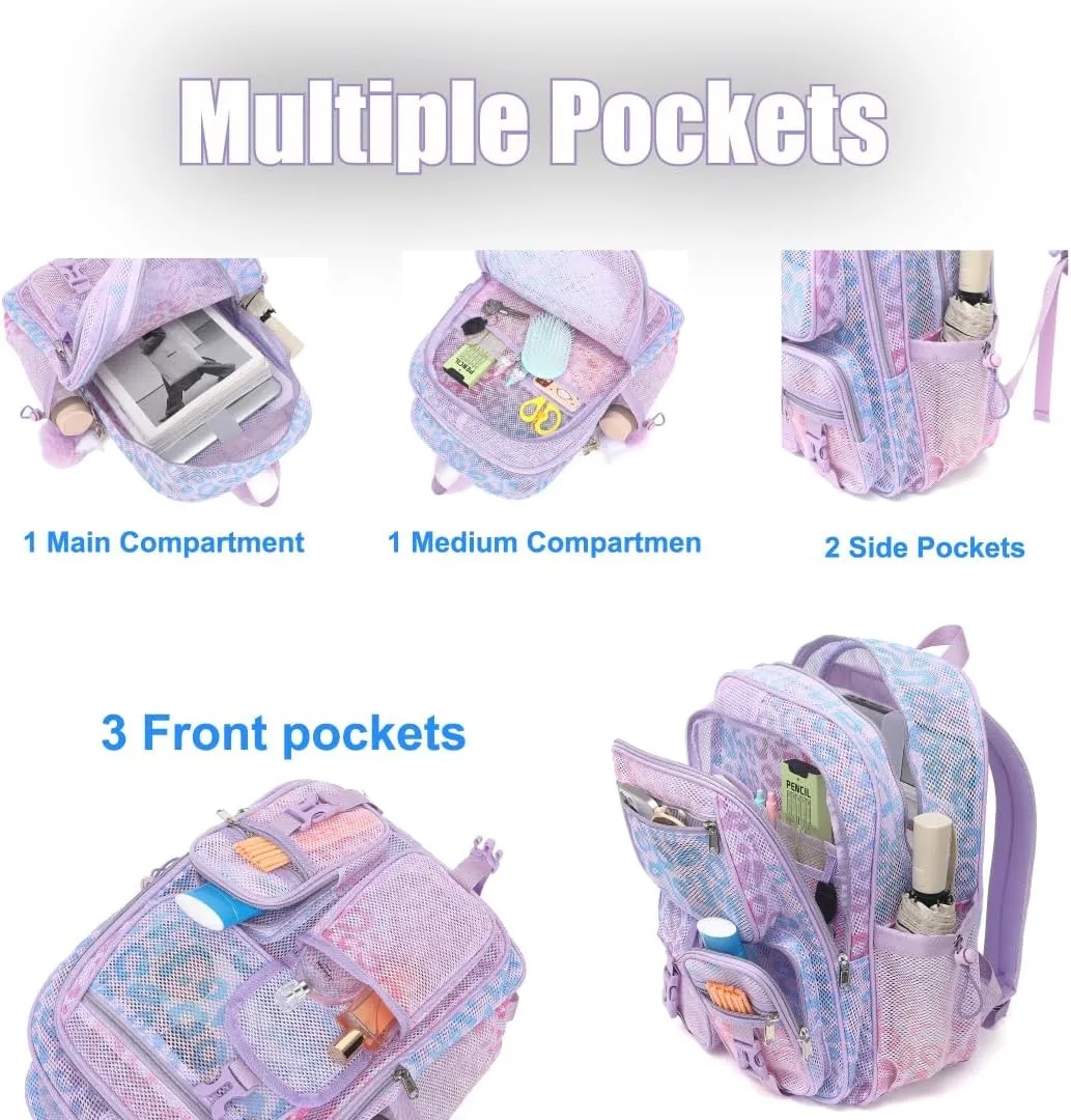 Mesh Backpack for Girls Boys, Heavy Duty Semi-Transparent Mesh Bookbag Womens Mens Mesh Backpacks for School, Sports, Beach, Swimming, Travel Purple Leopard