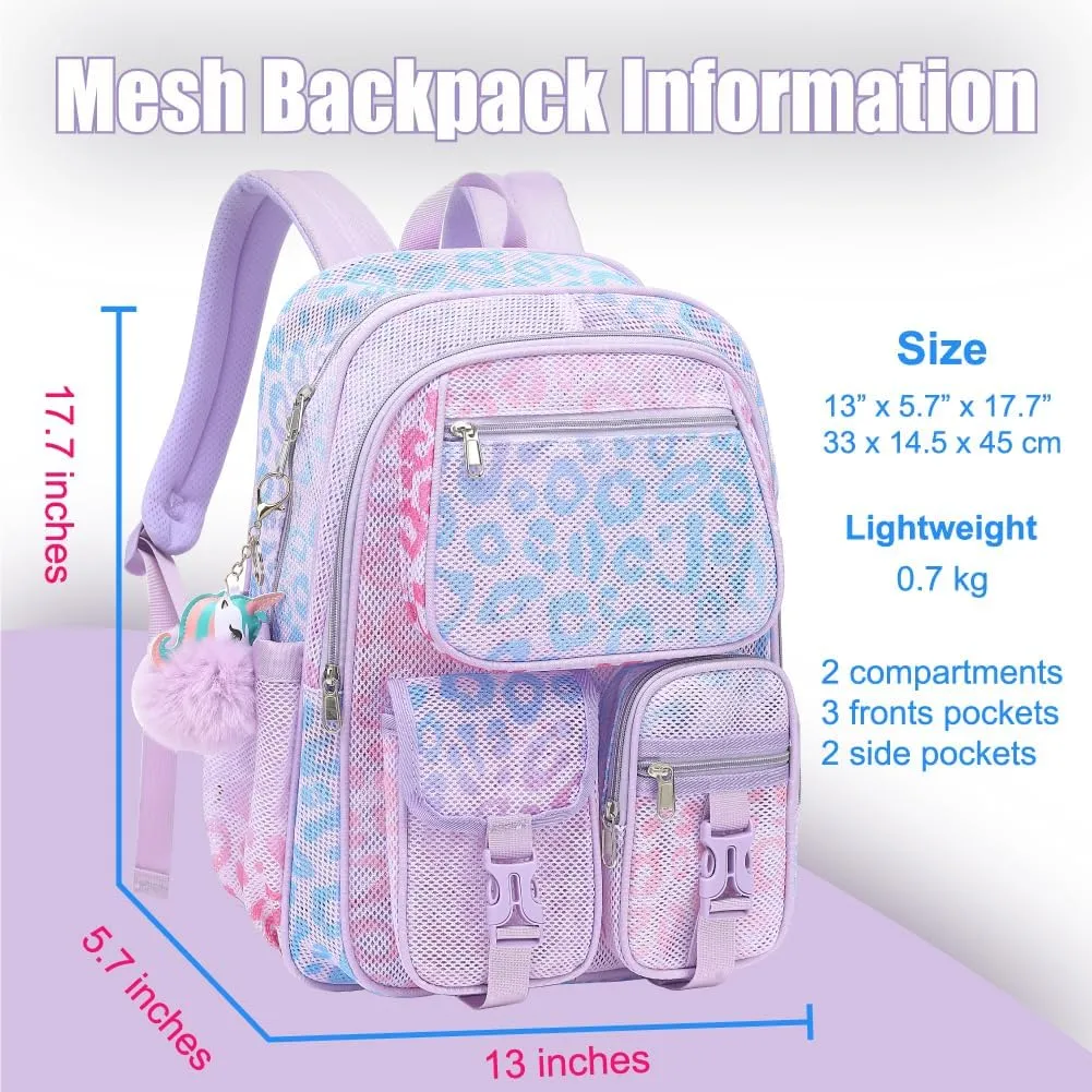 Mesh Backpack for Girls Boys, Heavy Duty Semi-Transparent Mesh Bookbag Womens Mens Mesh Backpacks for School, Sports, Beach, Swimming, Travel Purple Leopard