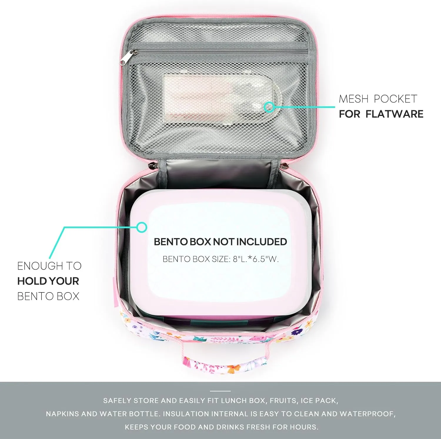 mibasies Kids Lunch Box for Girls Toddler, Insulated and Reusable Lunch Bag for School, Flower Pink