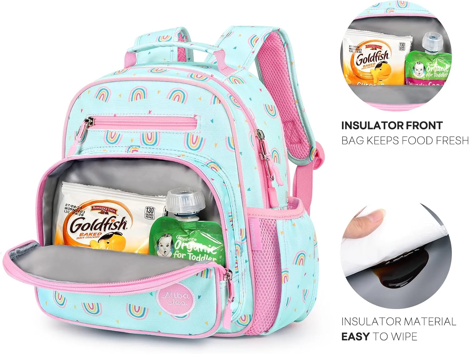 mibasies Toddler Backpack for Girls 2-4: Preschool Kindergarten Backpack - Cute Kids Backpacks for Girls - Rainbow Mint green