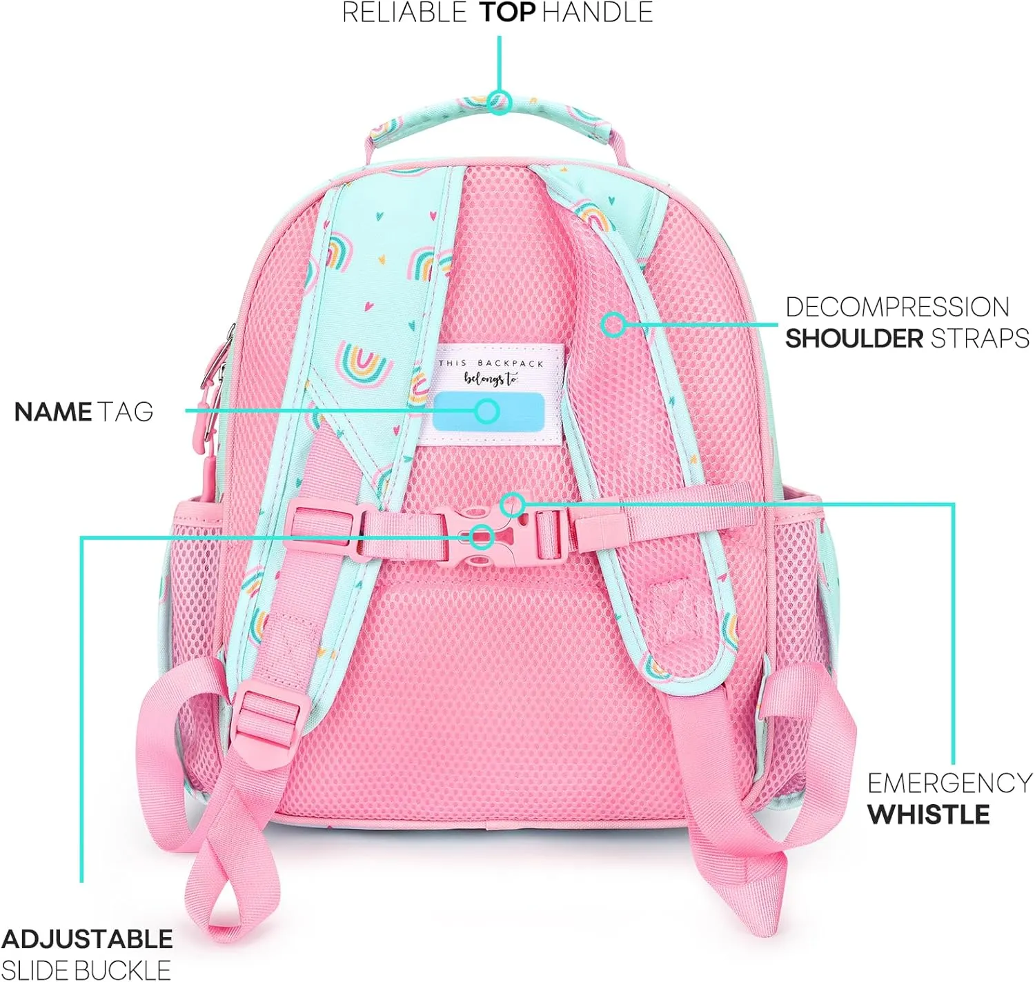 mibasies Toddler Backpack for Girls 2-4: Preschool Kindergarten Backpack - Cute Kids Backpacks for Girls - Rainbow Mint green