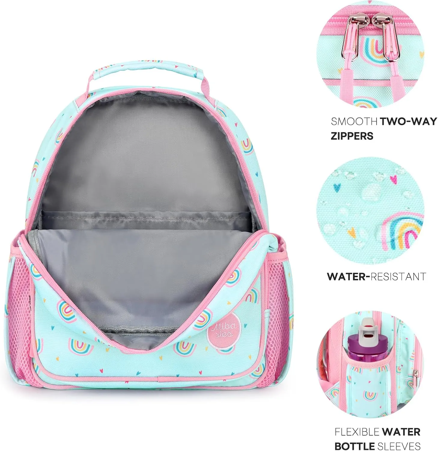 mibasies Toddler Backpack for Girls 2-4: Preschool Kindergarten Backpack - Cute Kids Backpacks for Girls - Rainbow Mint green
