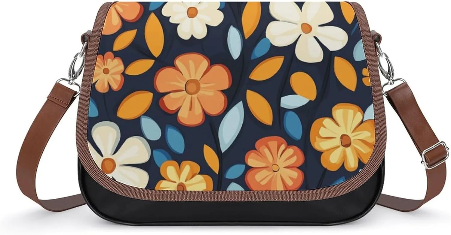 Mid Century Modern Floral 1960s Pattern Crossbody Bag Leather Crossbody Bag
