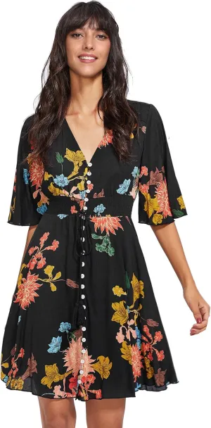 Milumia Women's Boho Button Up Split Floral Print Flowy Party Dress