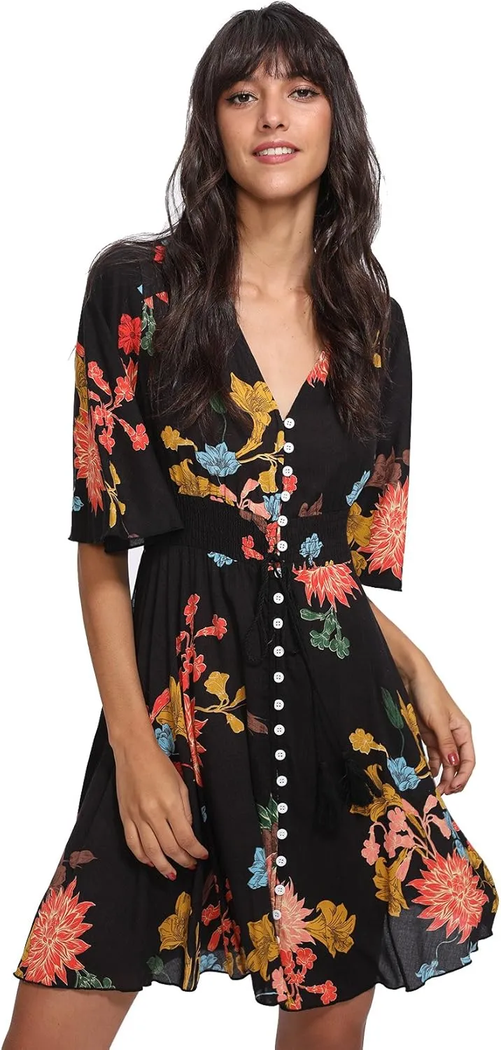 Milumia Women's Boho Button Up Split Floral Print Flowy Party Dress