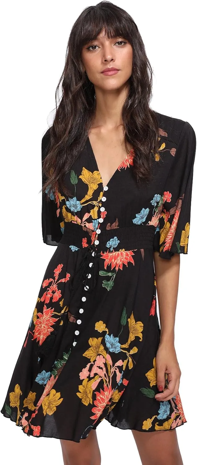 Milumia Women's Boho Button Up Split Floral Print Flowy Party Dress