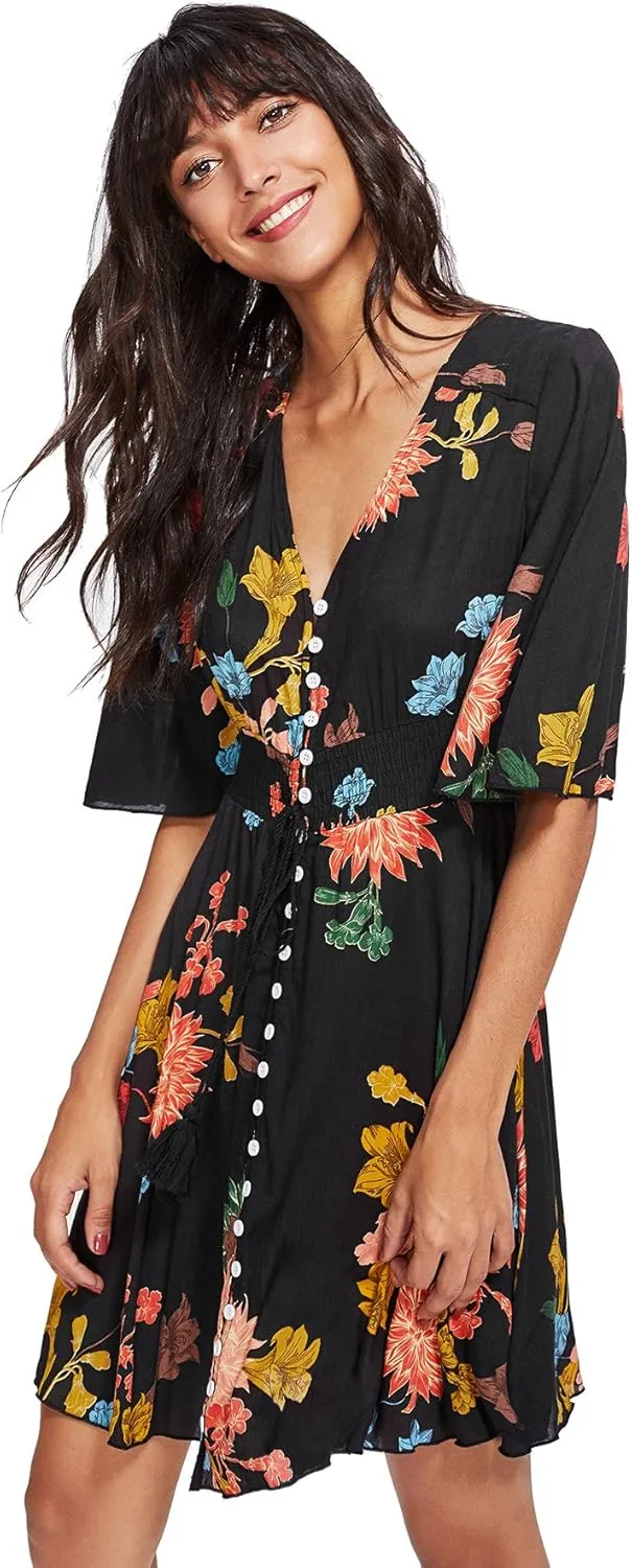 Milumia Women's Boho Button Up Split Floral Print Flowy Party Dress