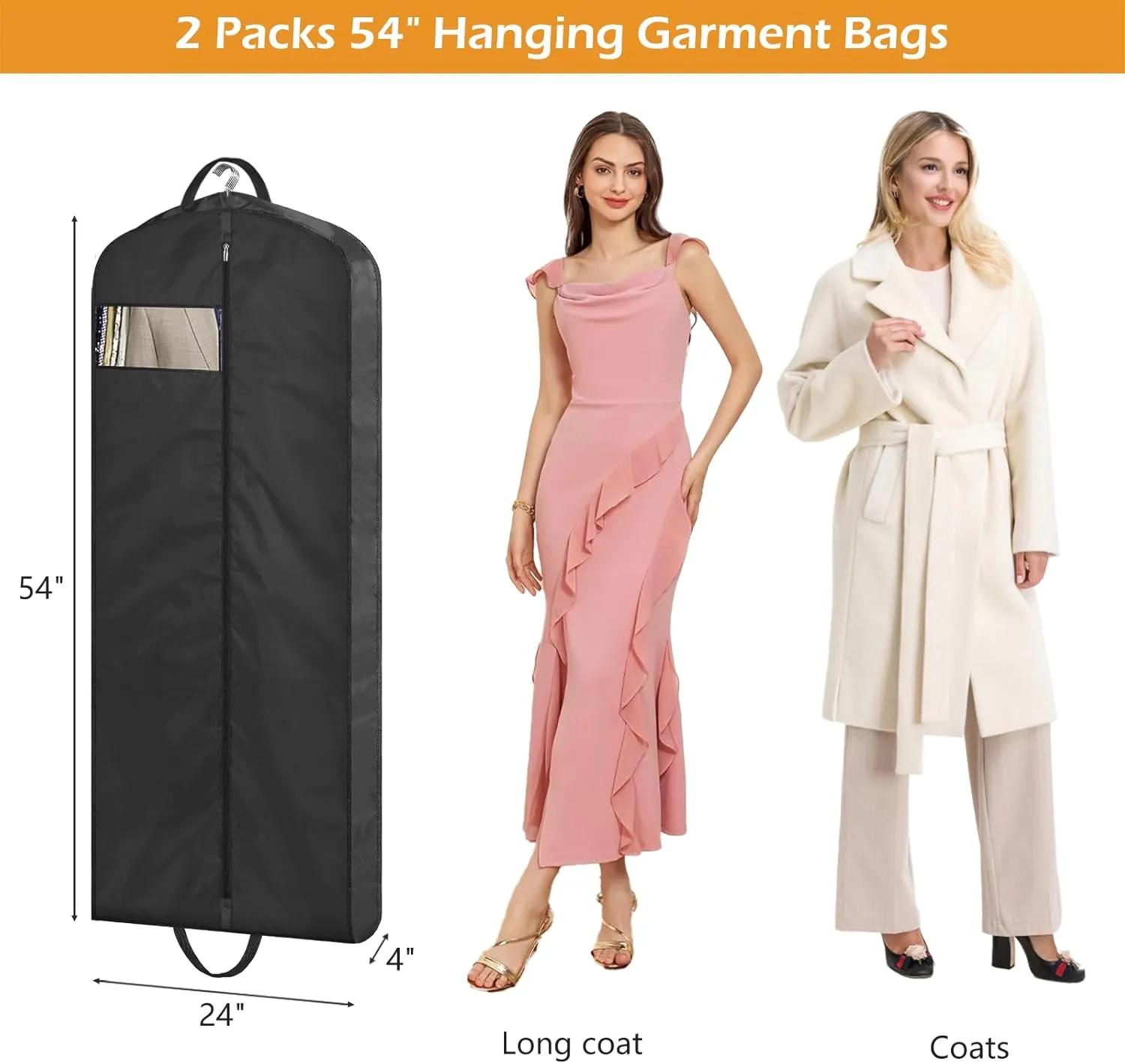 MISSLO 54" Garment Bags for Travel for Women Waterproof Dress Bags for Gowns Long Dress Cover for Gowns, Coats, Suits, Black, 2 Packs