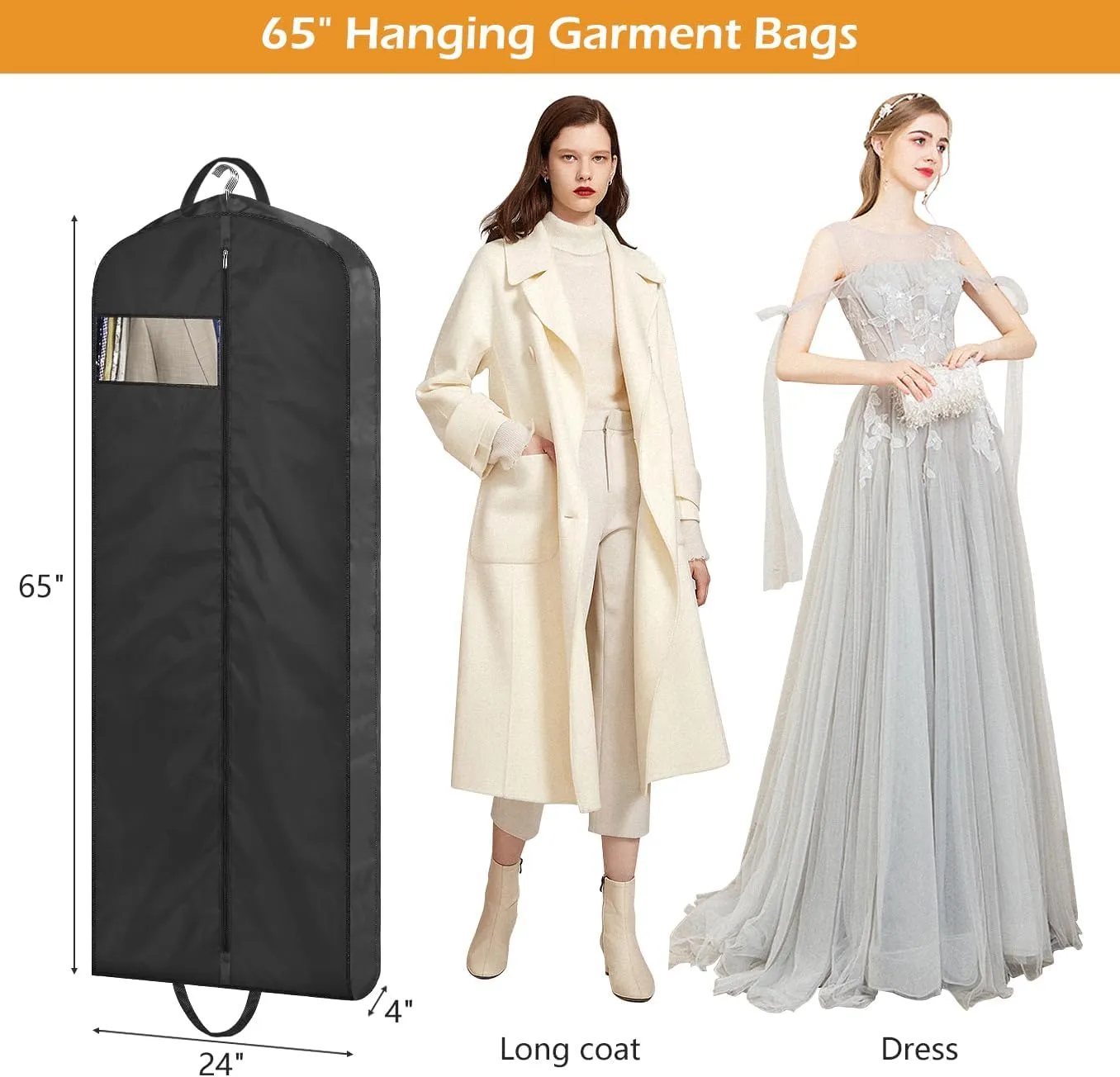 MISSLO 65" Gusseted Hanging Garment Bags for Travel Long Dress Cover Water Resistant Sturdy Fabric Dress Bags for Gowns Long Closet Clothes Protectors, Black