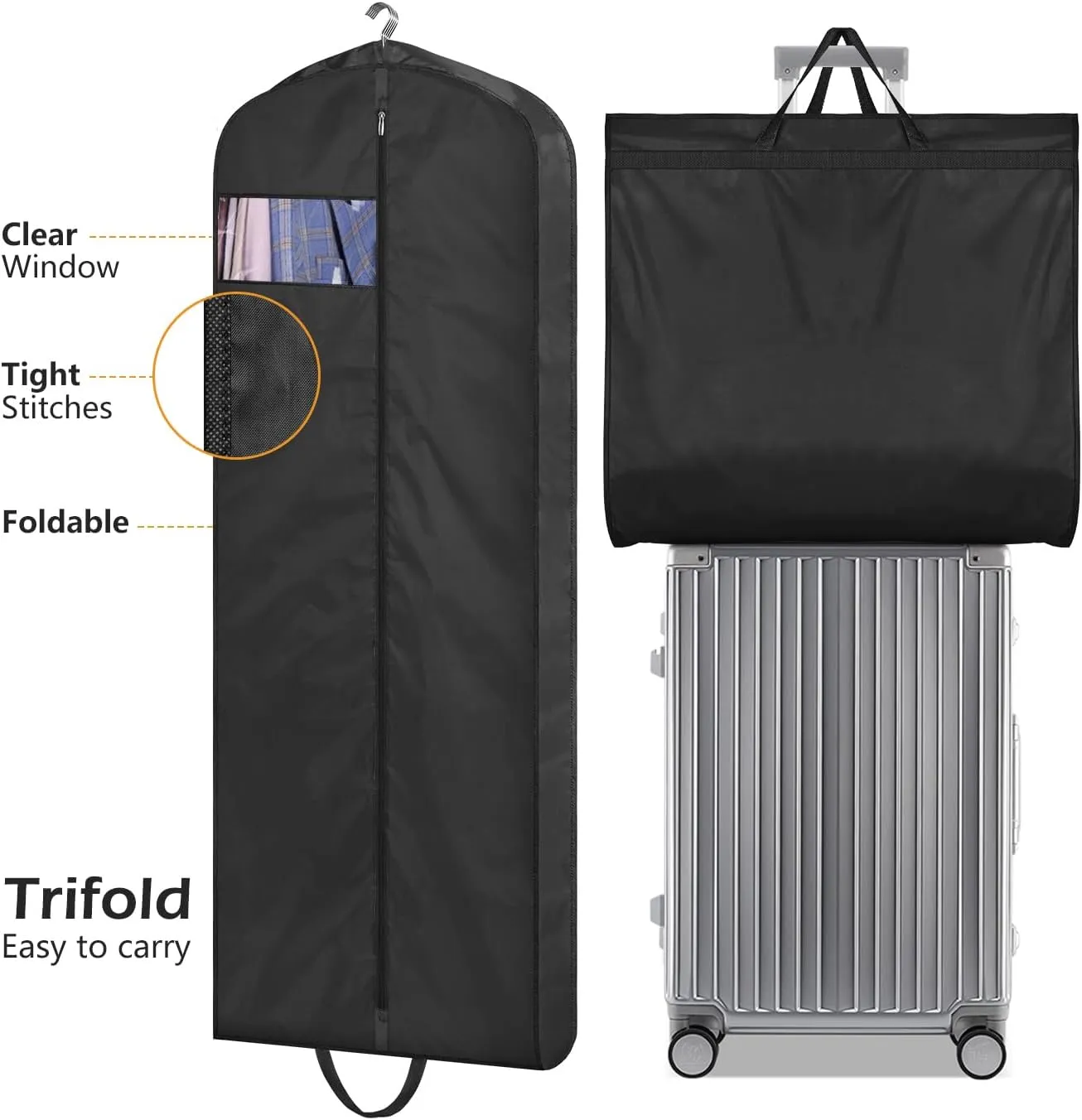 MISSLO 65" Gusseted Hanging Garment Bags for Travel Long Dress Cover Water Resistant Sturdy Fabric Dress Bags for Gowns Long Closet Clothes Protectors, Black