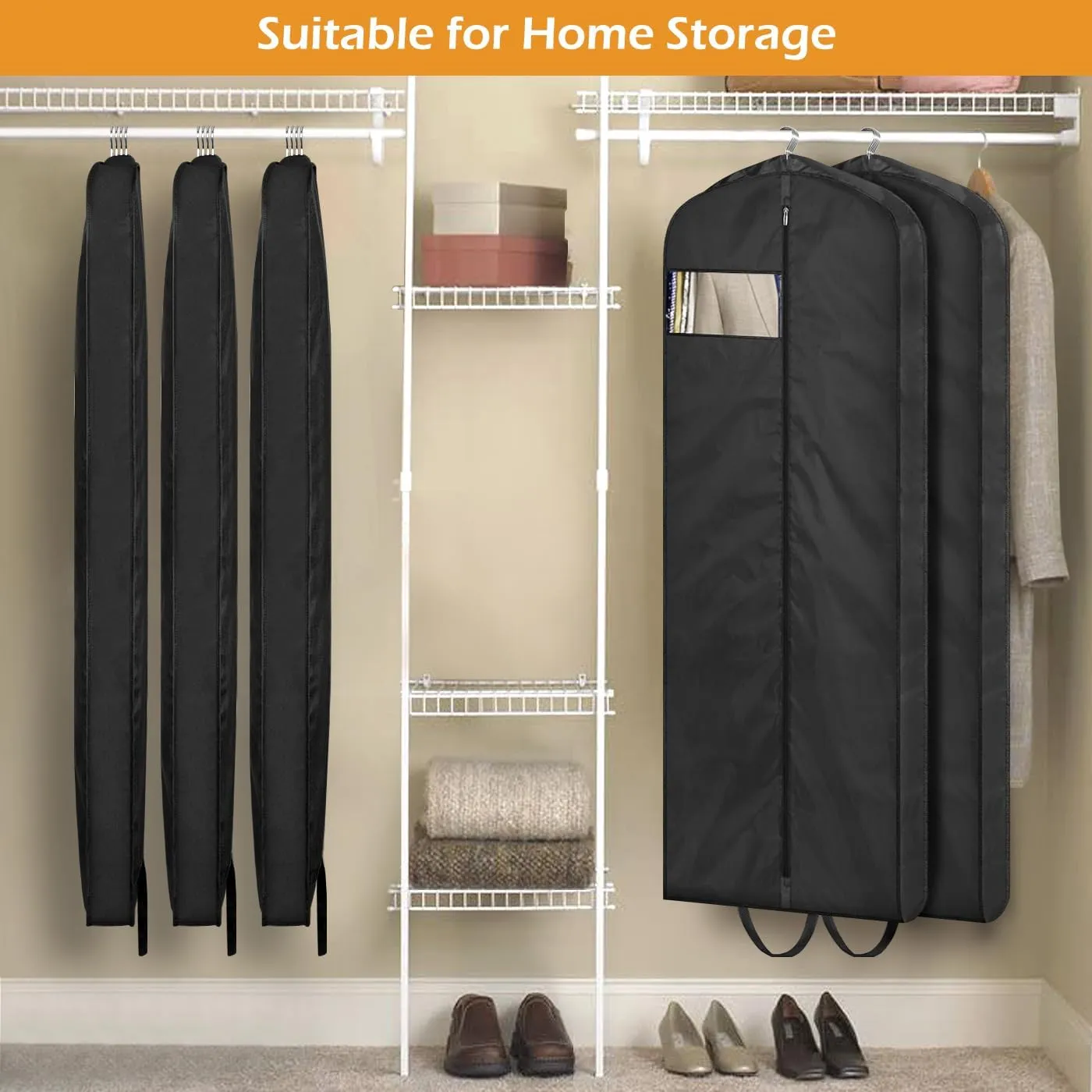 MISSLO 65" Gusseted Hanging Garment Bags for Travel Long Dress Cover Water Resistant Sturdy Fabric Dress Bags for Gowns Long Closet Clothes Protectors, Black