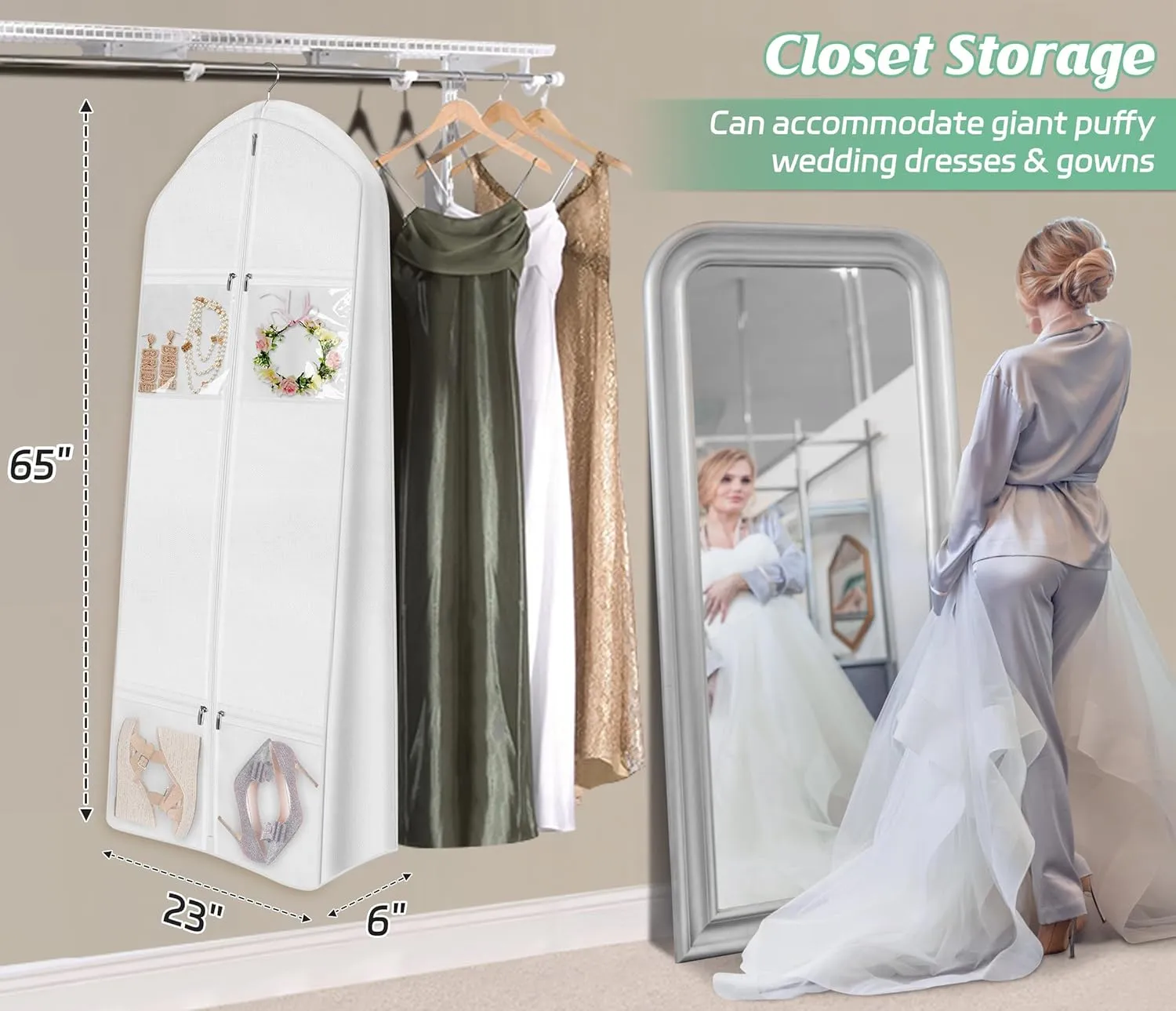 MISSLO 65" Wedding Dress Garment Bag with Bride Tote Bag 6'' Gusseted Dress Bags for Gowns Long 4 Pockets Wedding Dress Storage Bag for Women, White