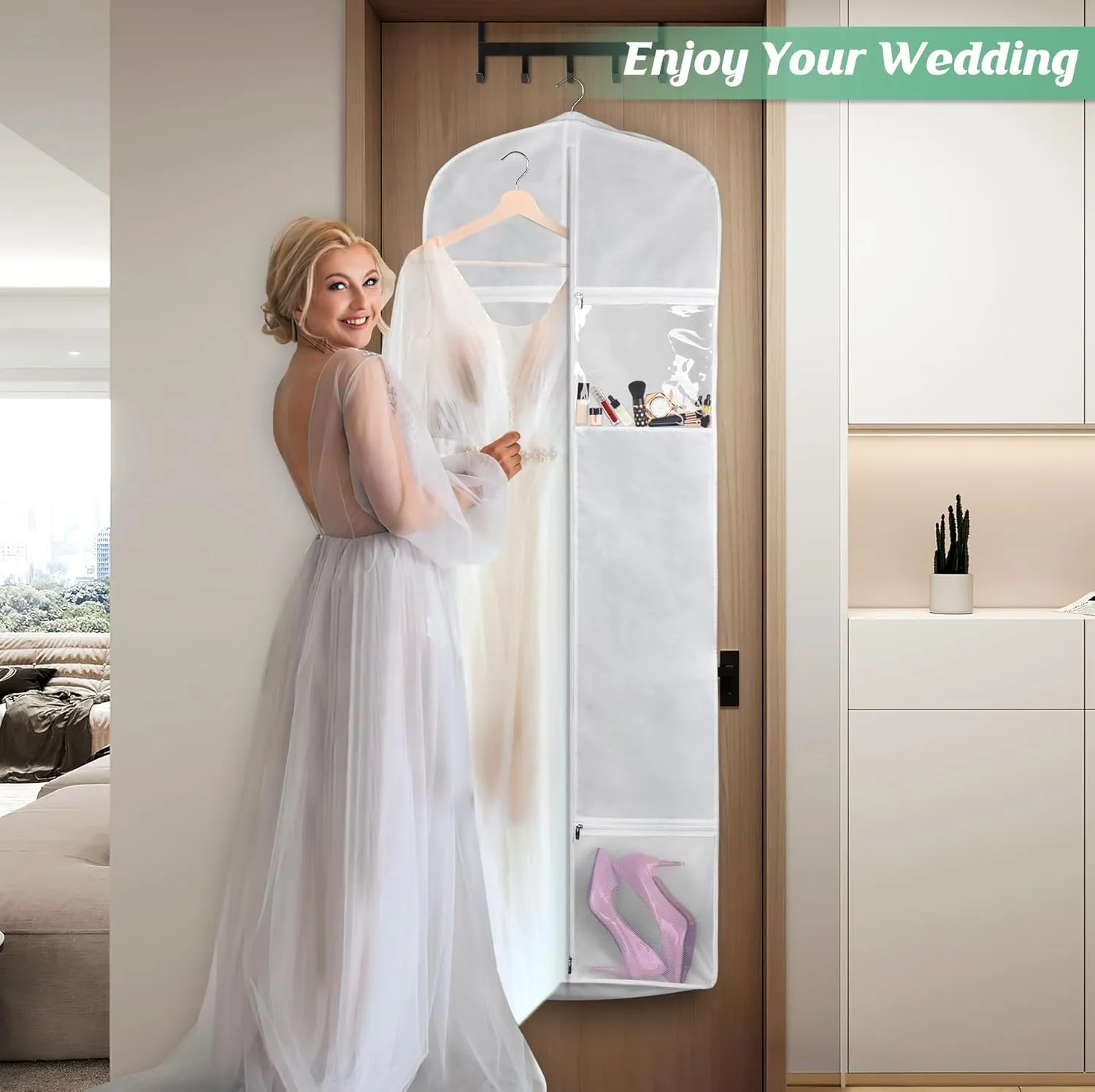 MISSLO 65" Wedding Dress Garment Bag with Bride Tote Bag 6'' Gusseted Dress Bags for Gowns Long 4 Pockets Wedding Dress Storage Bag for Women, White
