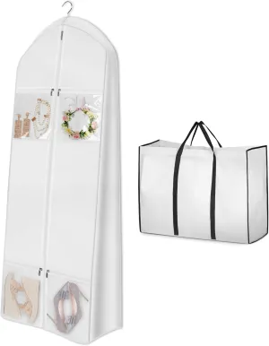 MISSLO 65" Wedding Dress Garment Bag with Bride Tote Bag 6'' Gusseted Dress Bags for Gowns Long 4 Pockets Wedding Dress Storage Bag for Women, White