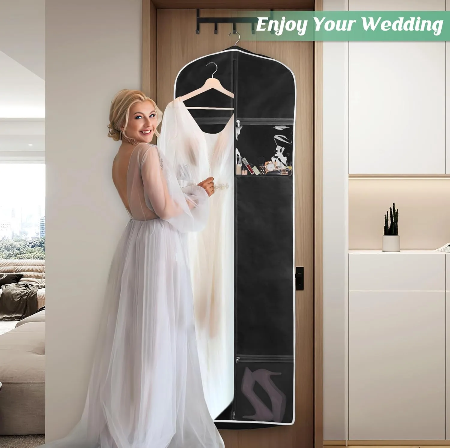MISSLO 70" Wedding Dress Garment Bag with Bride Tote Bag 8'' Gusseted Wedding Dress Bags for Gowns Long 4 Pockets Dress Cover for Women, Black