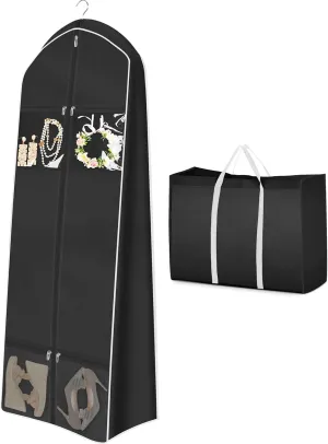 MISSLO 70" Wedding Dress Garment Bag with Bride Tote Bag 8'' Gusseted Wedding Dress Bags for Gowns Long 4 Pockets Dress Cover for Women, Black