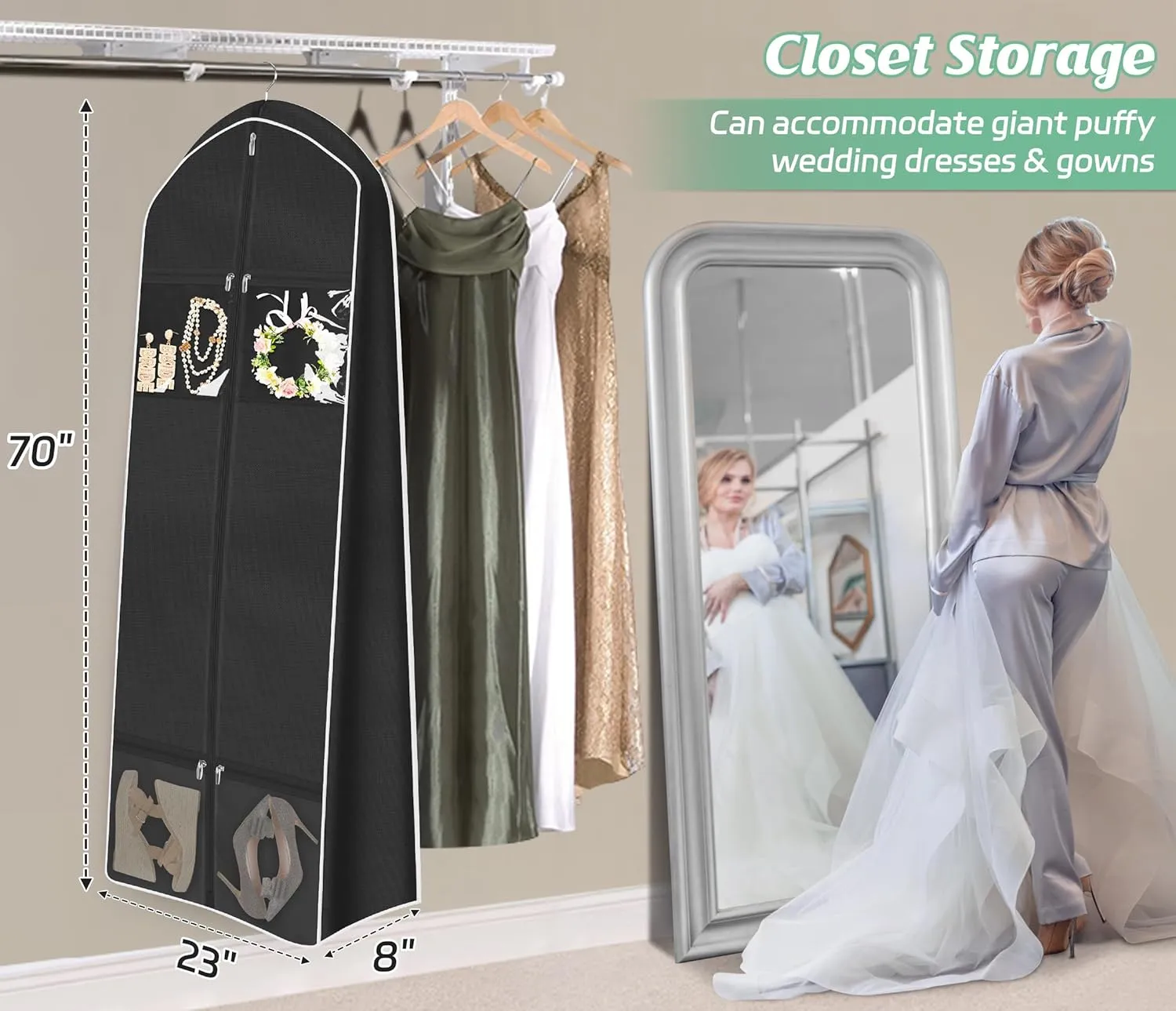 MISSLO 70" Wedding Dress Garment Bag with Bride Tote Bag 8'' Gusseted Wedding Dress Bags for Gowns Long 4 Pockets Dress Cover for Women, Black