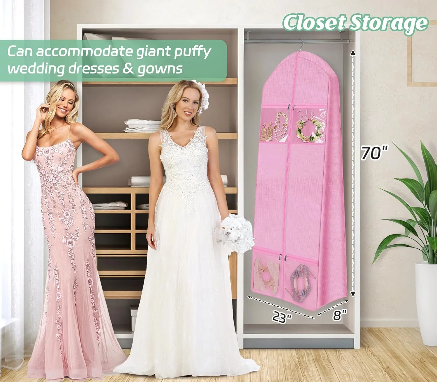 MISSLO 70" Wedding Dress Garment Bag with Bride Tote Bag 8'' Gusseted Wedding Dress Bags for Gowns Long 4 Pockets Dress Cover for Women, Pink