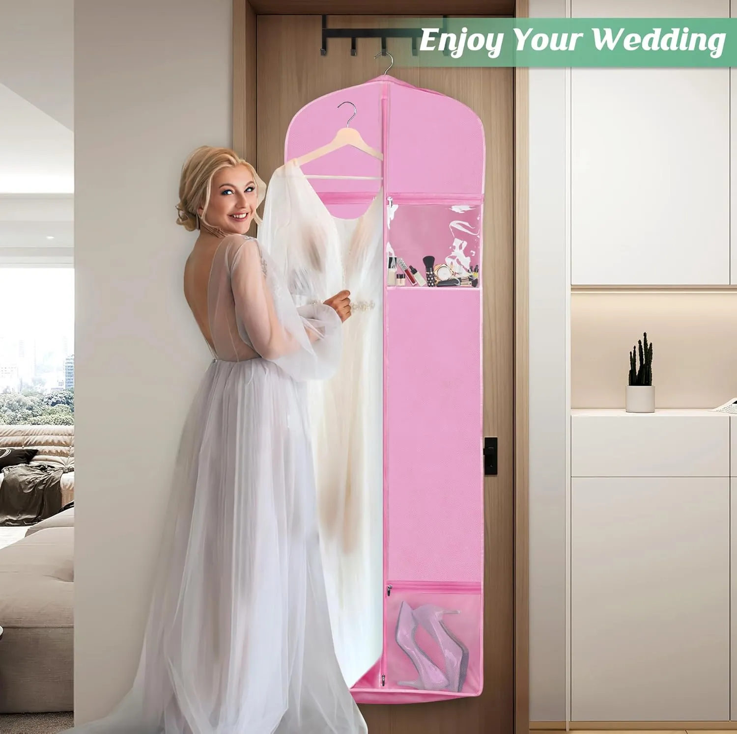 MISSLO 70" Wedding Dress Garment Bag with Bride Tote Bag 8'' Gusseted Wedding Dress Bags for Gowns Long 4 Pockets Dress Cover for Women, Pink
