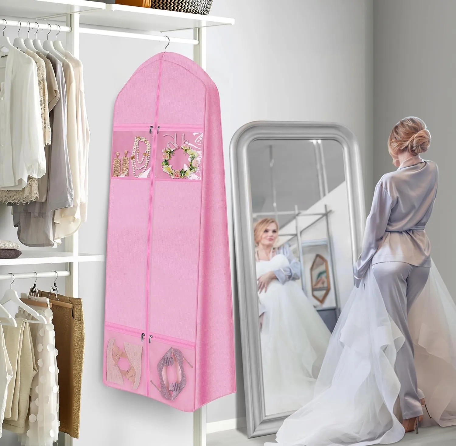 MISSLO 70" Wedding Dress Garment Bag with Bride Tote Bag 8'' Gusseted Wedding Dress Bags for Gowns Long 4 Pockets Dress Cover for Women, Pink
