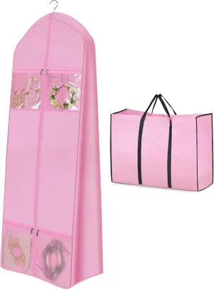 MISSLO 70" Wedding Dress Garment Bag with Bride Tote Bag 8'' Gusseted Wedding Dress Bags for Gowns Long 4 Pockets Dress Cover for Women, Pink