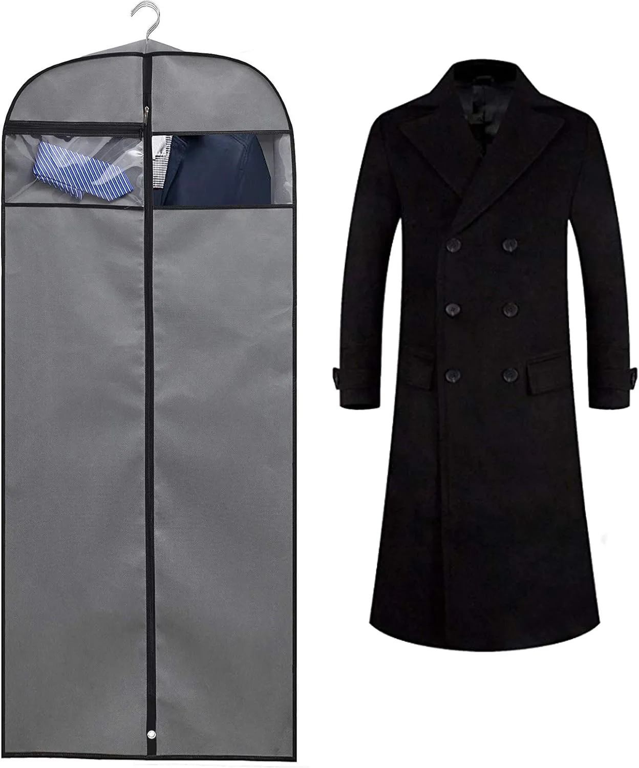 MISSLO Gusseted 60" Dress Garment Bag Hanging Clothes Cover with Clear Window Zipper Pocket for Long Coat, Full-Length Wedding Gown, Closet, Travel, Luggage (Grey)