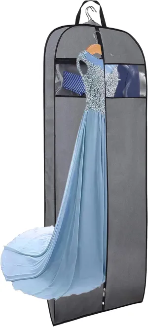 MISSLO Gusseted 60" Dress Garment Bag Hanging Clothes Cover with Clear Window Zipper Pocket for Long Coat, Full-Length Wedding Gown, Closet, Travel, Luggage (Grey)