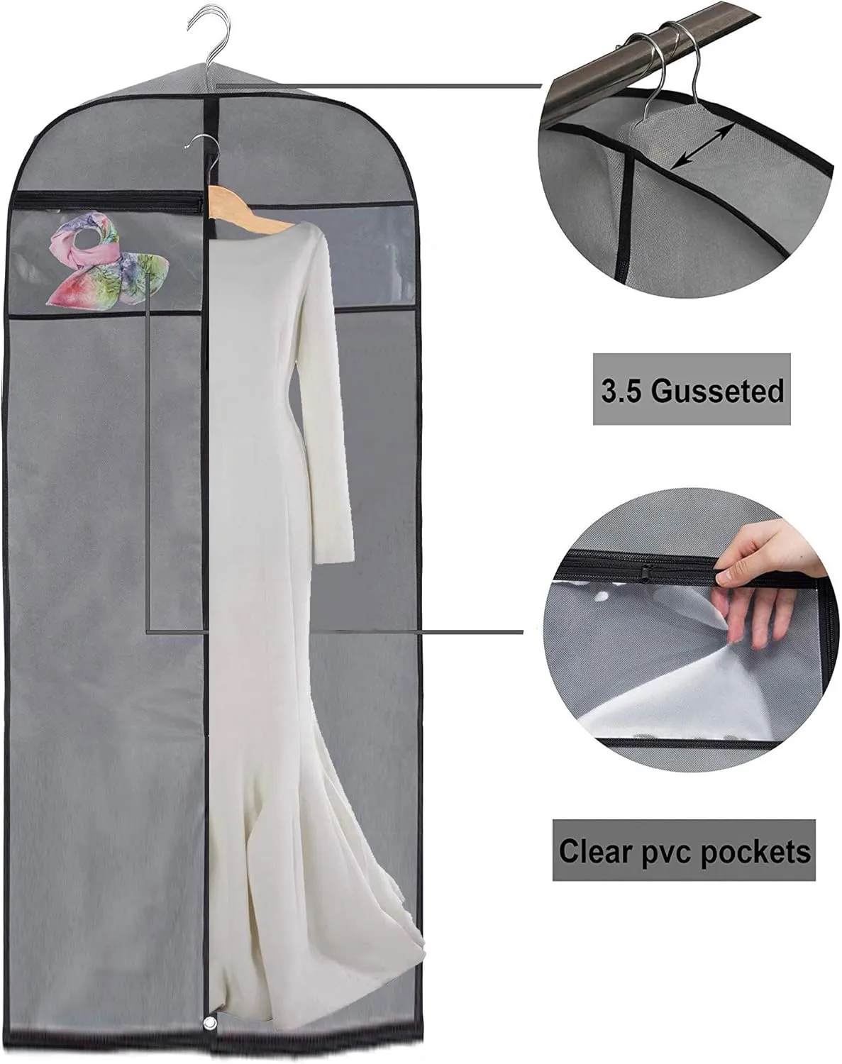 MISSLO Gusseted 60" Dress Garment Bag Hanging Clothes Cover with Clear Window Zipper Pocket for Long Coat, Full-Length Wedding Gown, Closet, Travel, Luggage (Grey)