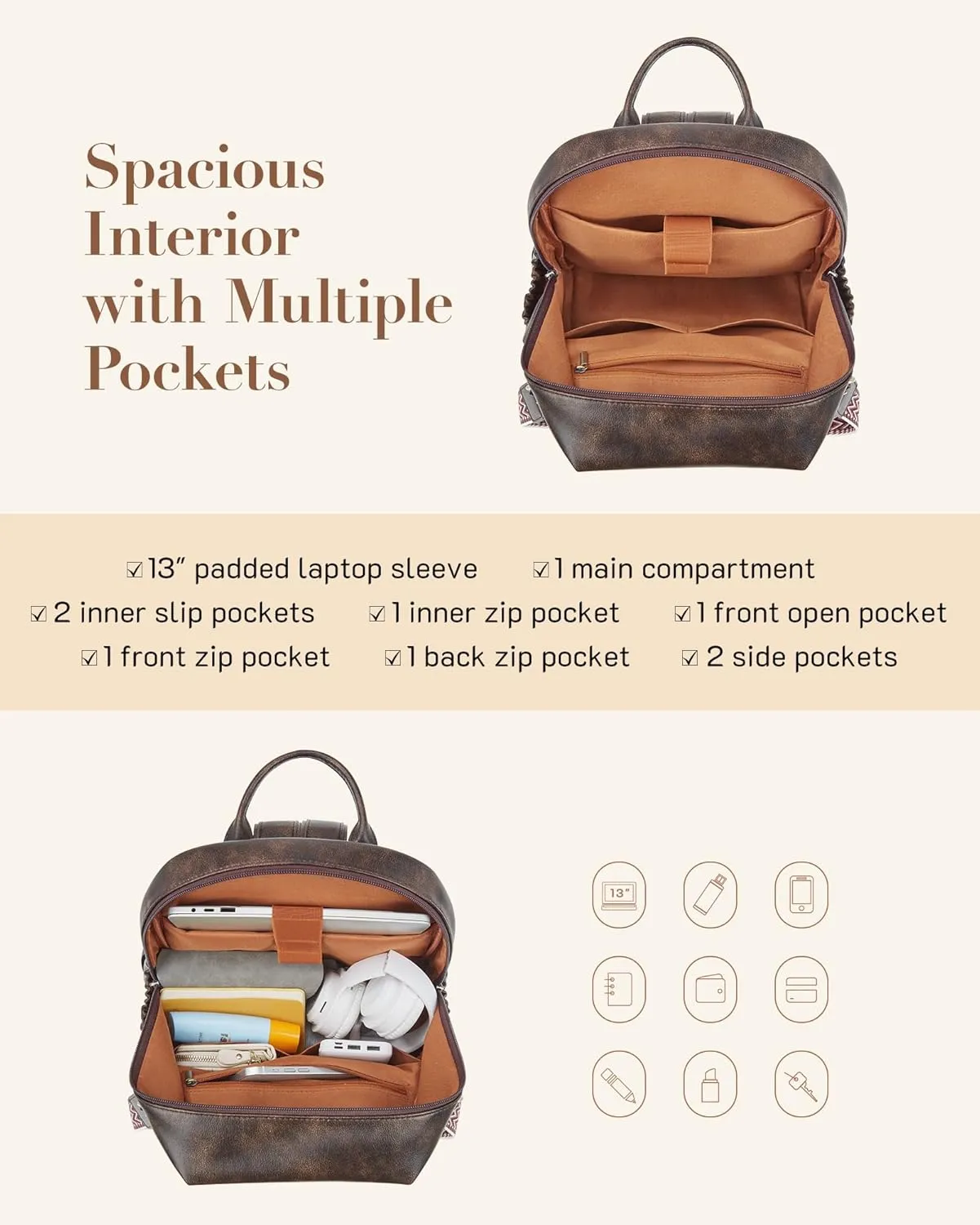 Missnine Backpack Purse for Women, PU Leather Travel Backpack, Designer Shoulder Bag, Ladies Convertible Satchel Bags