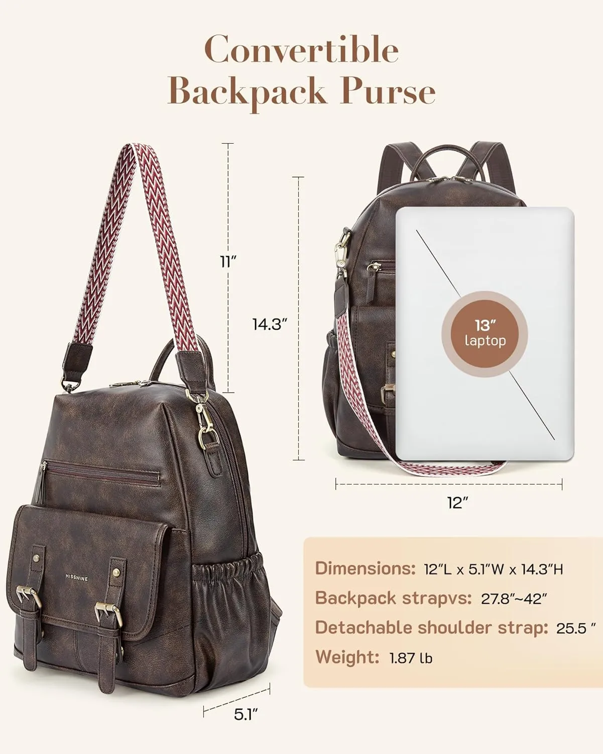 Missnine Backpack Purse for Women, PU Leather Travel Backpack, Designer Shoulder Bag, Ladies Convertible Satchel Bags