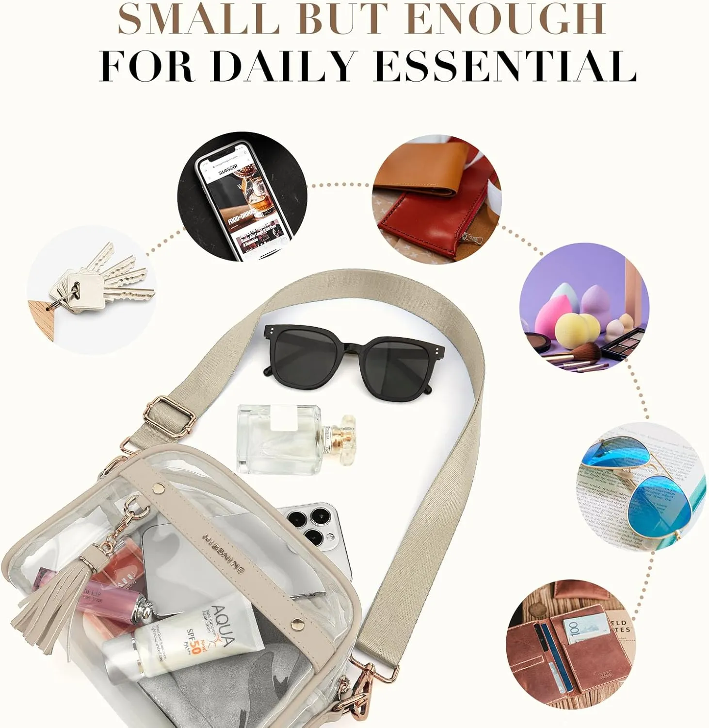 Missnine Clear Bag - Stadium Approved Small Purse for Women - Crossbody Bag for Concerts & Sports Events