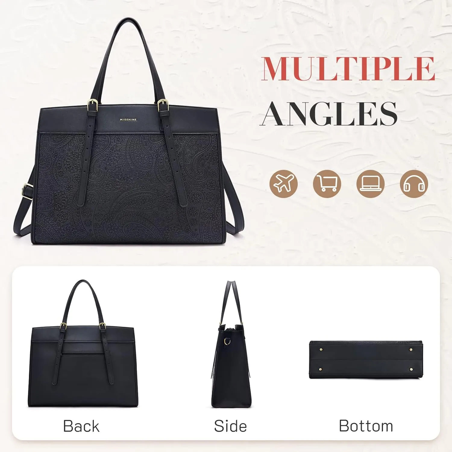 Missnine Laptop Tote Bag for Women 15.6 Inch Leather Work Bags Teacher Computer Purse Briefcase Handbag for Office, Travel
