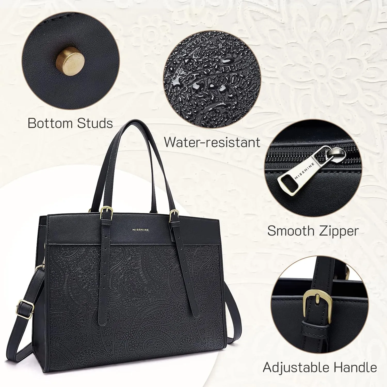 Missnine Laptop Tote Bag for Women 15.6 Inch Leather Work Bags Teacher Computer Purse Briefcase Handbag for Office, Travel