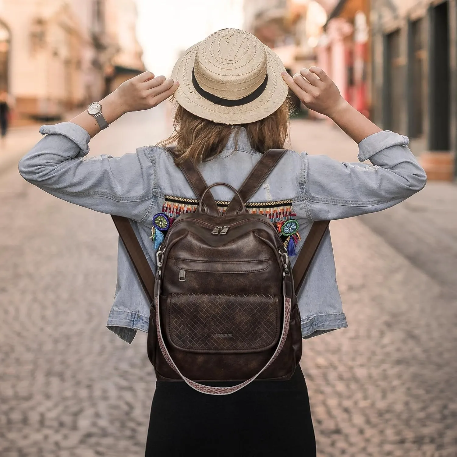 Missnine PU Leather Backpack Purse for Women, Convertible Travel Backpack, Designer Ladies Shoulder Bag and Satchel Bags for Work, College with Weave Detail