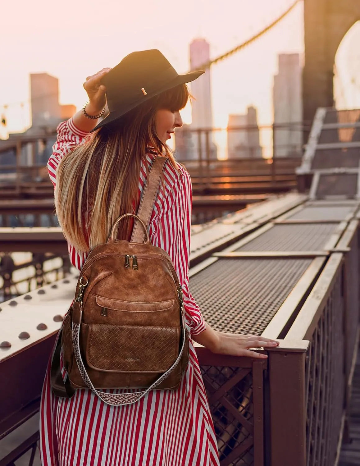 Missnine PU Leather Backpack Purse for Women, Convertible Travel Backpack, Designer Ladies Shoulder Bag and Satchel Bags for Work, College with Weave Detail