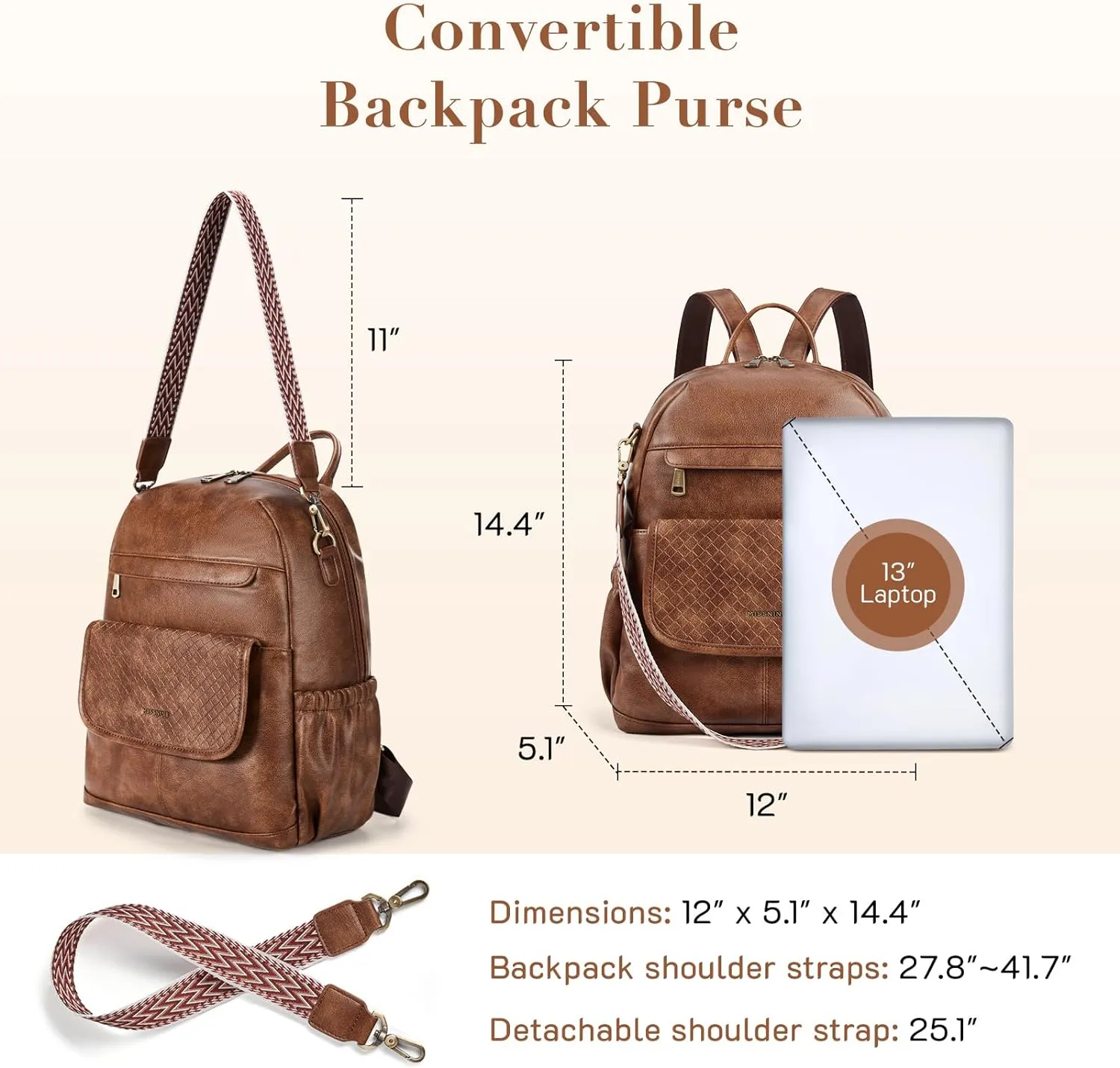 Missnine PU Leather Backpack Purse for Women, Convertible Travel Backpack, Designer Ladies Shoulder Bag and Satchel Bags for Work, College with Weave Detail