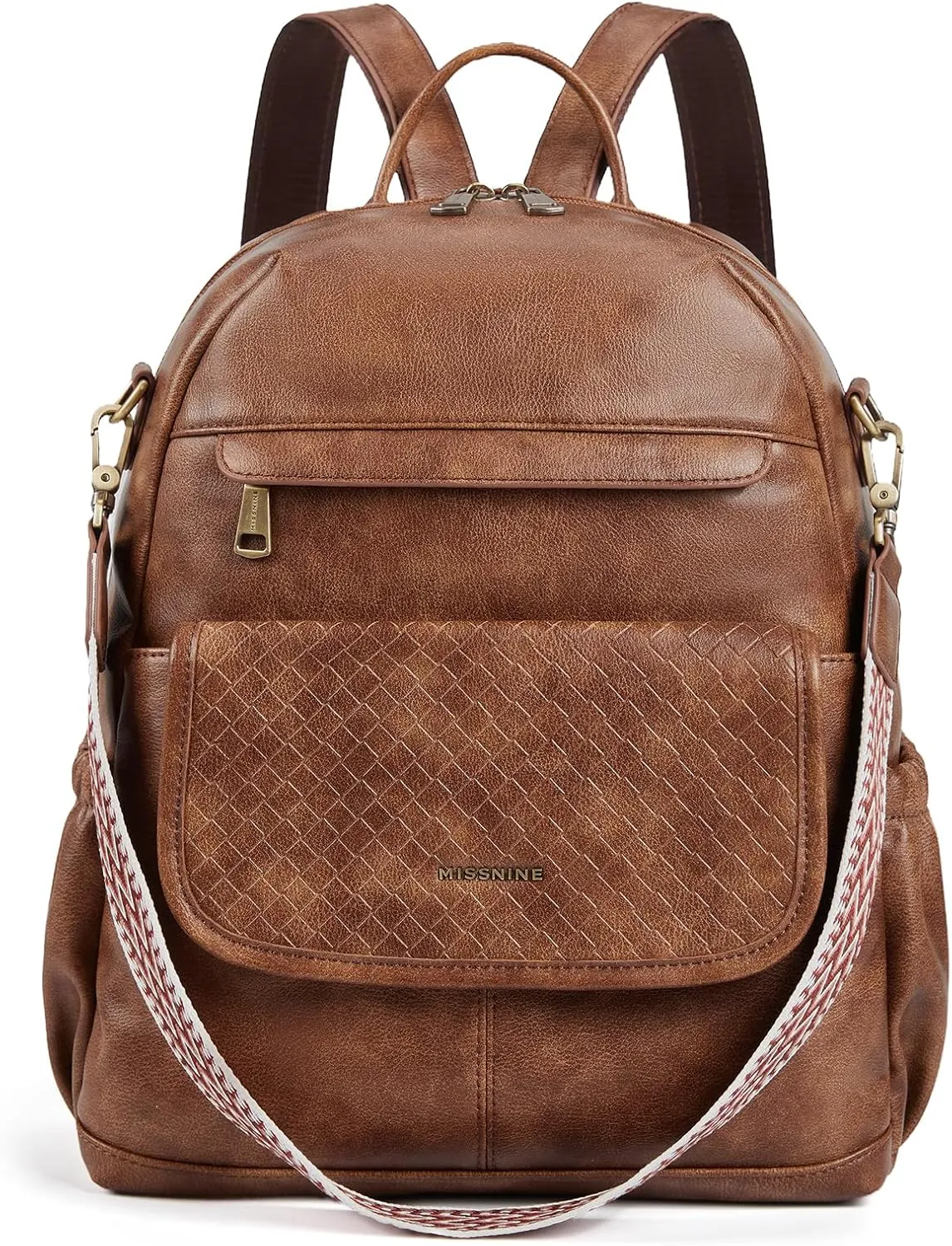Missnine PU Leather Backpack Purse for Women, Convertible Travel Backpack, Designer Ladies Shoulder Bag and Satchel Bags for Work, College with Weave Detail