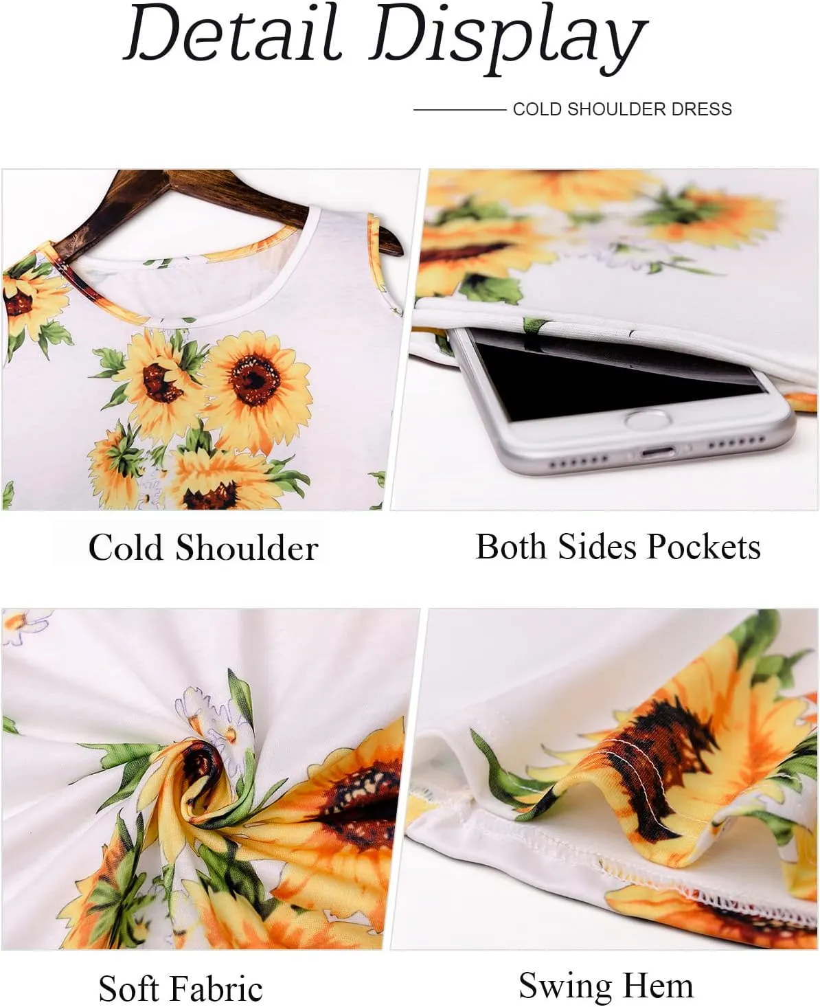 Misyula Style Womens Summer Cold Shoulder Floral Flowy T-Shirt Dress with Pockets