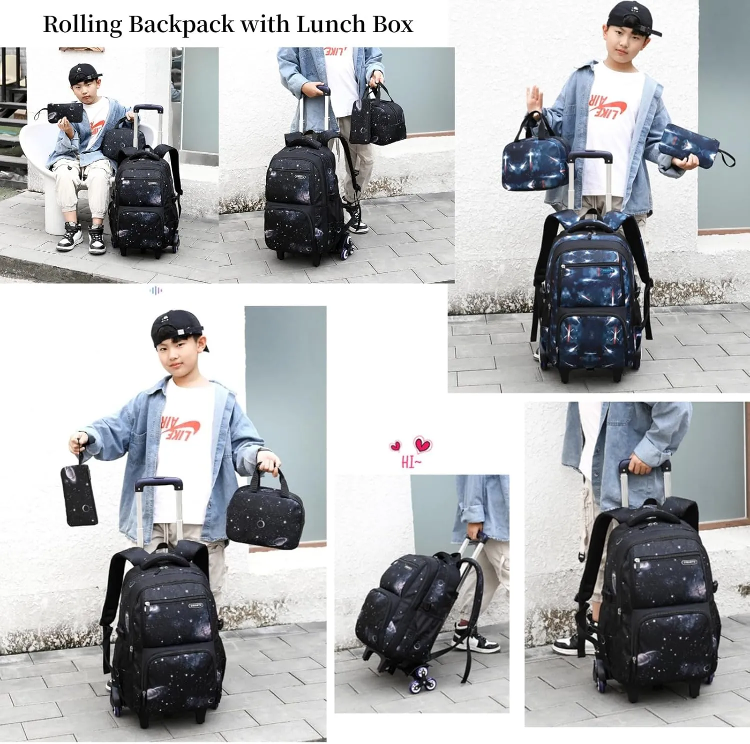 MITOWERMI Boys Rolling Backpacks Kids'Luggage Wheeled Backpack for School Boys Trolley Bags Space-Galaxy Roller Bookbag with Lunch Bag