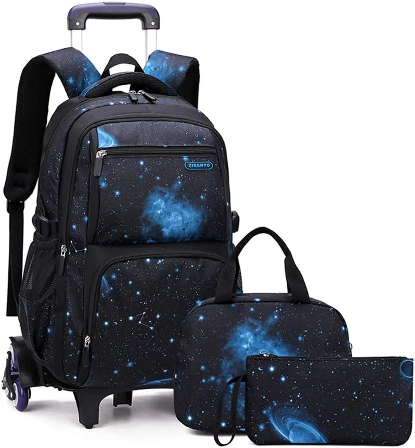 MITOWERMI Boys Rolling Backpacks Kids'Luggage Wheeled Backpack for School Boys Trolley Bags Space-Galaxy Roller Bookbag with Lunch Bag