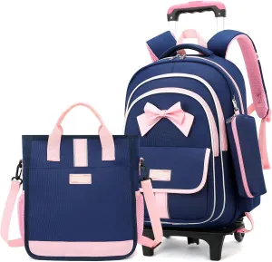 MITOWERMI Rolling Backpack for Girls 3Pcs Elementary School Bag Cute Bowknot Backpack with Wheels Girls Bookbags with Handbag Trolley Bags Kids Carry-On Luggage